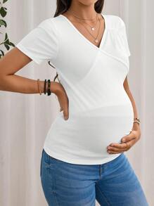 SHEIN Maternity Solid V Neck Casual Tee For Summer