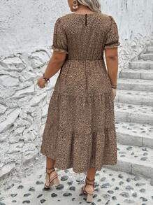 SHEIN Plus Size Boho Leopard Print Ruffle Hem Dress For Summer Women Outfit - Coffee Brown - View 2