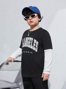 SHEIN Tween Boys Extended Size Color Block Casual 2 In 1 T-Shirt - Black - View 3