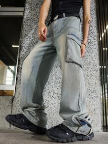 Manfinity Roghcode Vintage Men's Front Blue Distressed Wide Leg Jeans - Teal Blue - View 1