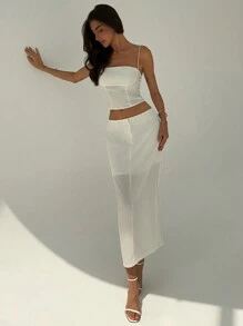 Aloruh 簡約優雅白色緊身背心上衣+低腰長裙女裝2件套裝 - 白色 - 查看 3