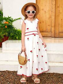 年輕女孩櫻桃印花荷葉邊夏日度假裙 - 白色 - 查看 5