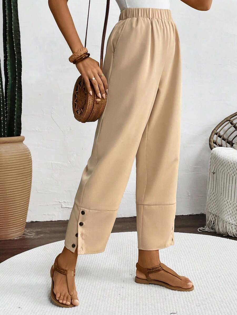 SHEIN LUNE 女士直腳休閒褲，褲腳用按鈕固定 - 卡其色 - 查看 1