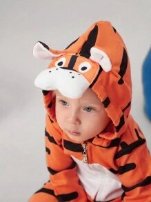 SHEIN 2入組寶寶男孩休閒3D老虎紋帽衣和長褲套裝 - 橘色 - 查看 5