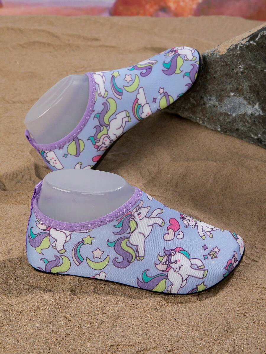 1 Pair Girls' Comfortable & Fashionable Casual Beach Breathable Quick-Dry Blue & Purple Rainbow Pony Cute Water Shoes