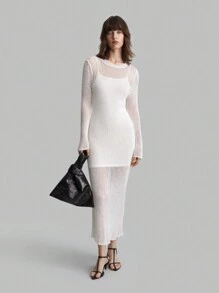Ontre Damen lang gestrickes Kleid mit Hohlmuster, weiß, für die Herbstsaison - Weiss - Übersicht 1