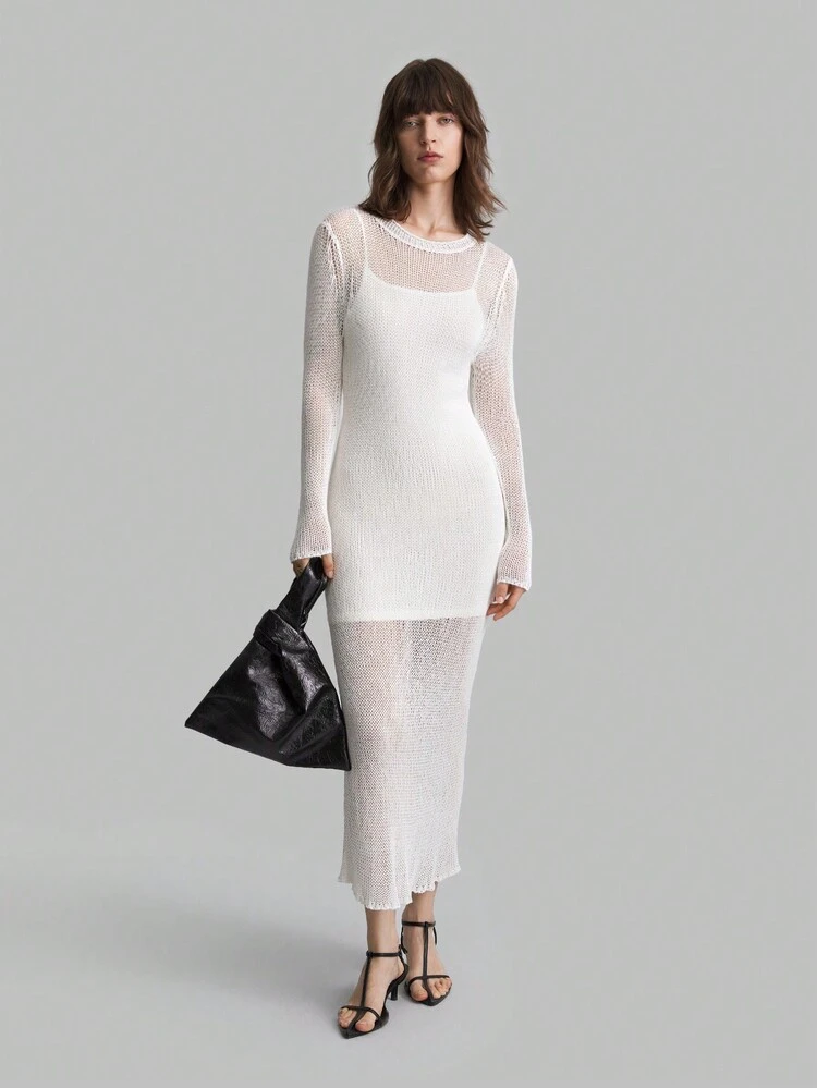 Women Hollow-Out Knitted Long Sleeve Dress, White, Fall Season