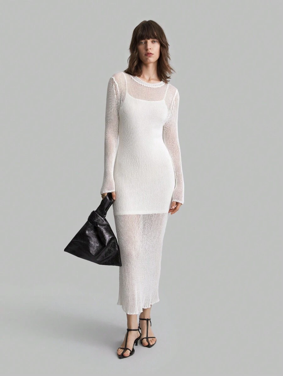 Ontre Damen lang gestrickes Kleid mit Hohlmuster, weiß, für die Herbstsaison - Weiss - Übersicht 1