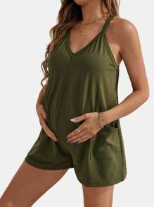 SHEIN BASICS Casual Solid Knit V-Neck Front Pocket Cami Jumpsuit, For Maternity, Pregnancy Clothes
