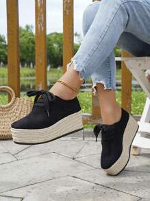 Women's Platform Wedge Shoes, Black Suede Lace-Up Jute Sole, Chic New Casual All-Match Waterproof Thick Bottom Increased Height Shoes, Suitable For Holiday, Daily, Spring Wear