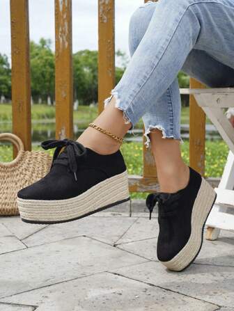 Women's Platform Wedge Shoes, Black Suede Lace-Up Jute Sole, Chic New Casual All-Match Waterproof Thick Bottom Increased Height Shoes, Suitable For Holiday, Daily, Spring Wear