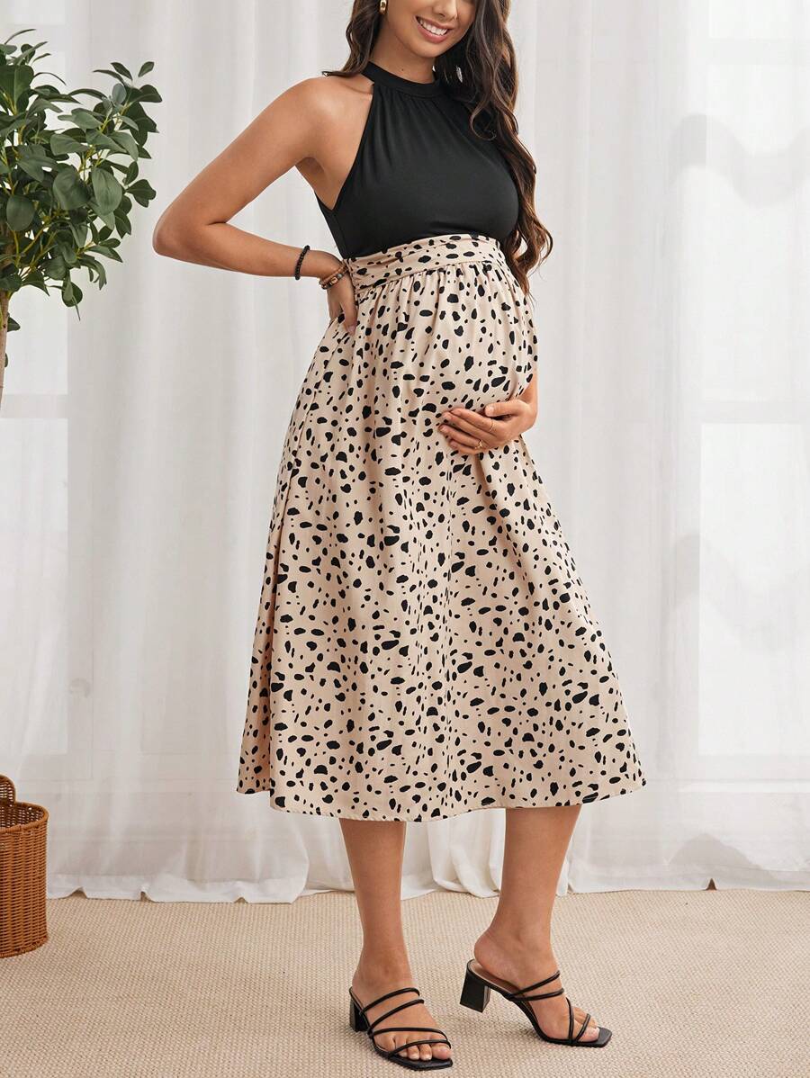 SHEIN Maternity Dalmatian Print Halter Dress For Summer