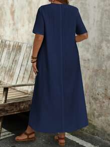 EMERY ROSE Vestido de verano sólido con escote en V para tallas grandes - Azul Marino - Ver 2