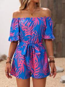 Breezaya Printed Off Shoulder Jumpsuit With Belted Waist And Ruffle Sleeve - Multicolor - View 4