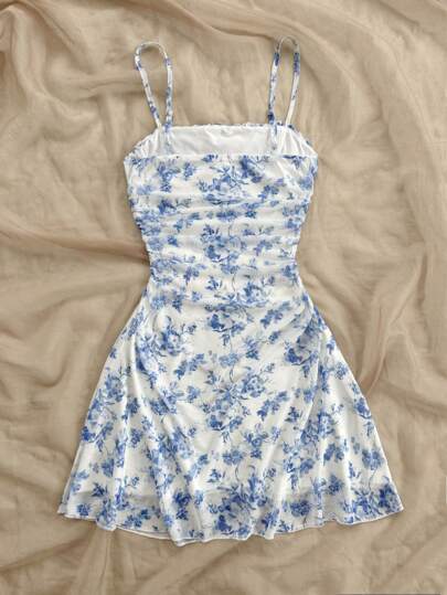 SHEIN Tween Girl Casual Dreamara Blue & White Floral Mesh Halter Neck Vacation / Holiday, Vintage / / Beach / Sea / Elegant Dress, Cute