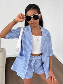 SHEIN Conjunto de blazer de manga corta a rayas y pantalones cortos para niñas preadolescentes para el trabajo - Azul - Ver 4