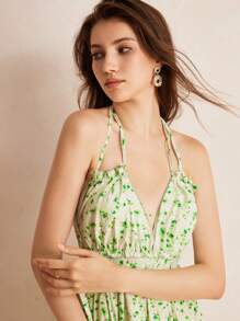 Aveloria Rosie Random Print Halter Neck Backless Sleeveless Dress With Back Ties, Summer - Green - View 5