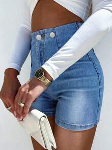 Women's Double Breasted Straight Jeans Short - Medium Wash - View 4
