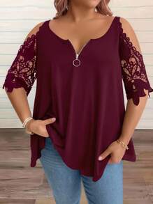EMERY ROSE Plus Contrast Lace Cold Shoulder Half Zip Tee For Summer - Redwood - View 5