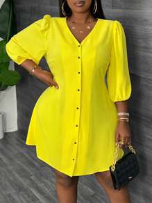 Slaydiva ROBE MINI SLIM A-LINE ÉLÉGANT ET DÉCONTRACTÉ POUR LES VACANCES EN JAUNE unicolore, STYLE CHEMISE AVEC PLASTRON OUVERT POUR FEMMES grande taille, PRINTEMPS/ÉTÉ -E