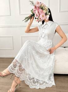 Modelyn Solid Button Front Lace Dress Long Evening Dresses - White - View 1