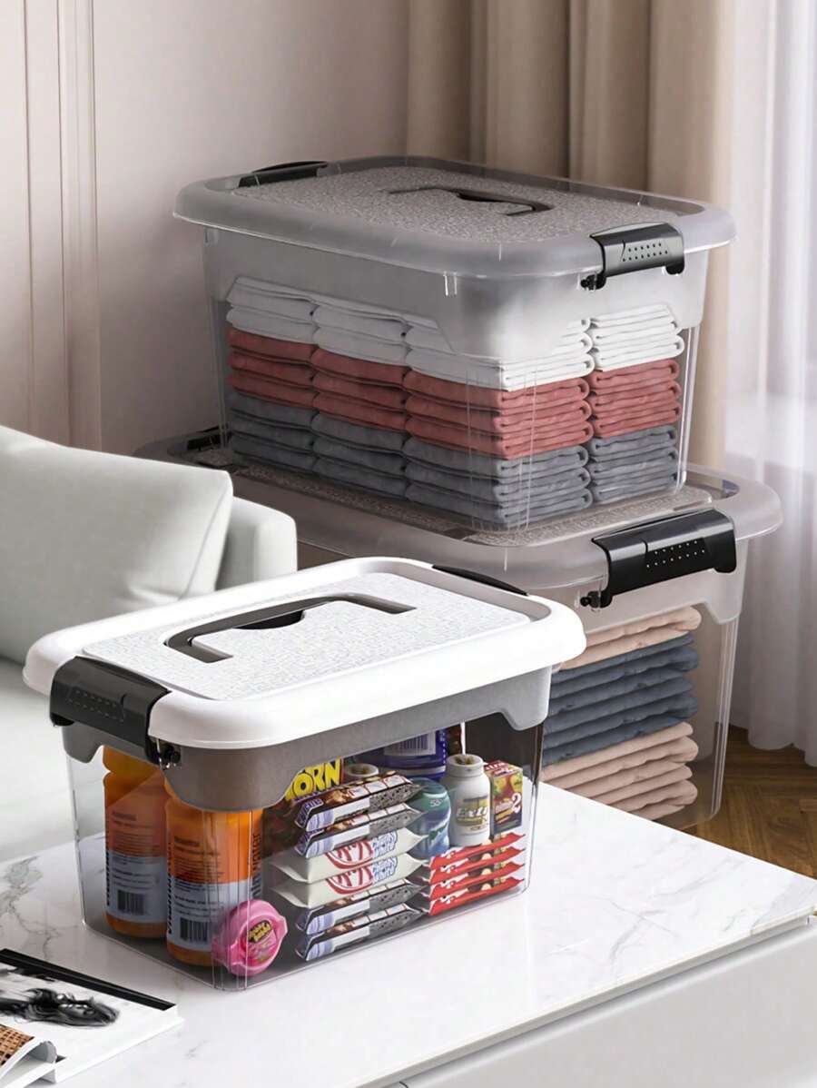 1 pieza Caja de almacenamiento transparente de plástico con tapa, set de cajas de almacenamiento de múltiples piezas, organizador del hogar y del automóvil, recipiente de almacenamiento variado, caja de almacenamiento de juguetes, caja de almacenamiento extra grande para ropa y aperitivos - Blanco - Ver 1