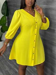 Slaydiva ROBE MINI SLIM A-LINE ÉLÉGANT ET DÉCONTRACTÉ POUR LES VACANCES EN JAUNE unicolore, STYLE CHEMISE AVEC PLASTRON OUVERT POUR FEMMES grande taille, PRINTEMPS/ÉTÉ -E