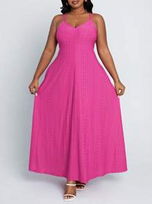 SHEIN Lady Vestido largo casual rosa de tirantes finos de corte evasé para mujer talla grande, vestidos de mujer para eventos, atuendos de salida - Rojo - Ver 4