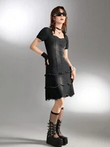 SHEIN Explorewe Teen Girls Y2K Punk Style Black Puff Sleeve Three-Layer Frayed Denim Dress - Black - View 6