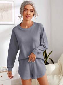 SHEIN Solid Waffle Knit Drop Shoulder Lounge Set - Dusty Blue - View 3