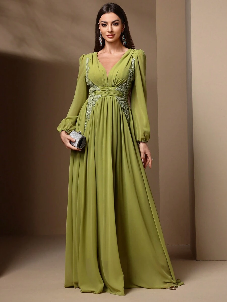 女士 V 领长袖夏季收腰连衣裙 - 綠色 - 查看 1