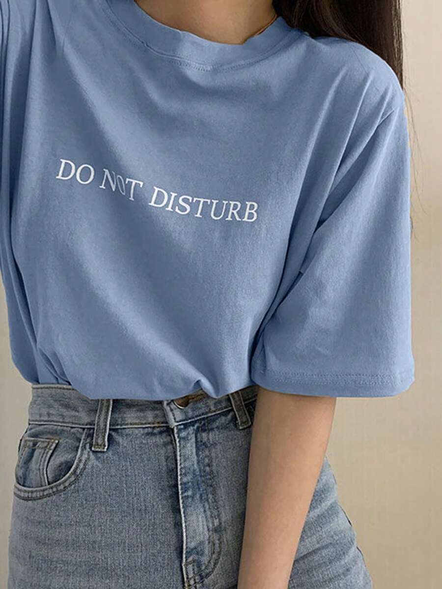 DAZY Women's Loose Fit Regular T-Shirt With Letter Print DO NOT DISTURB Summer - Blue - View 1
