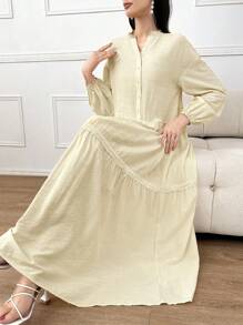 Seusyu Notched Neckline Drop Shoulder Ruffle Hem Dress - Beige - View 2