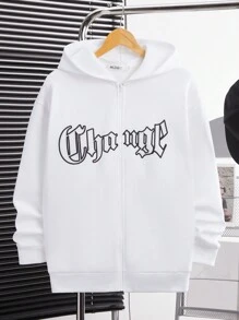 SHEIN Áo nỉ dáng rộng thoải mái dành cho nam thiếu niên, có khóa kéo phía trước và in chữ, thích hợp cho du lịch, đi học, mùa thu và mùa đông, có thể dùng như áo khoác ngoài. - trắng - Xem 4