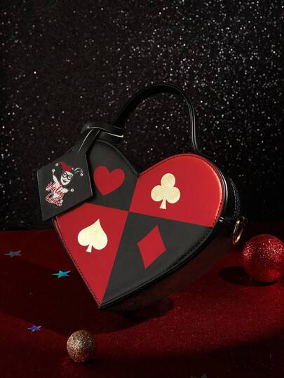 Harley Quinn X SHEIN Women's Heart Shaped Shoulder Bag With Playing Card & Cartoon Character Print,Lover, Day , Valentine's Day
