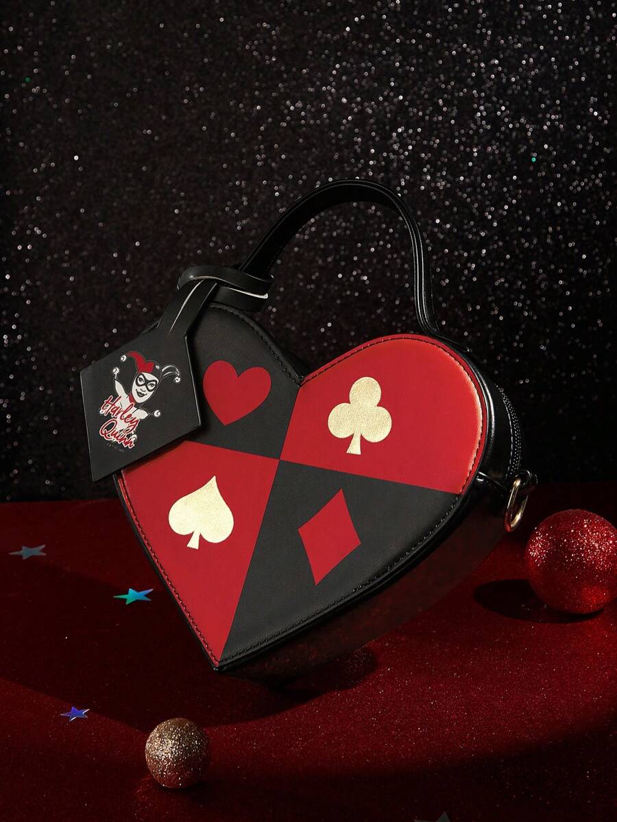 Harley Quinn X SHEIN Women's Heart Shaped Shoulder Bag With Playing Card & Cartoon Character Print,Lover, Day , Valentine's Day - Multicolor - View 1