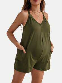 SHEIN BASICS Casual Solid Knit V-Neck Front Pocket Cami Jumpsuit, For Maternity, Pregnancy Clothes