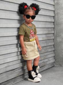 SHEIN 2pcs Baby Girls' Casual Street Style Fun Portraiture Printed Short Sleeve Top And Skirt Set, Spring & Summer