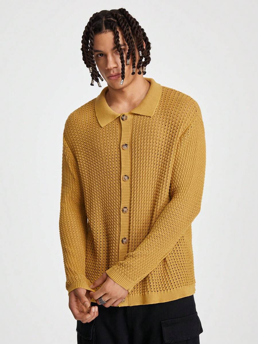 Manfinity Hypemode Cardigan Masculino Sólido com Botão Frontal para Uso Diário - Amarelo Mustarda - Ver 1