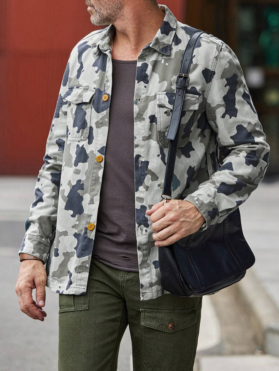 Manfinity Homme Men Camo Print Flap Pocket Denim Shirt - Army Green - View 1