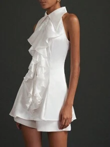 Aveloria Elegant Sleeveless Halter Neck Women's Shirt With Delicate French Palace Style Ruffle Trim And Bright Color