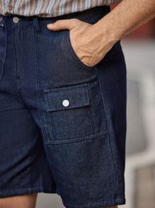 Manfinity Homme Pantalones cortos de mezclilla para hombre con bolsillos con solapa