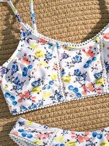 SHEIN Swim 女士夏季沙灘迷你花卉比基尼套裝，隨機圖案 - 彩色 - 查看 3