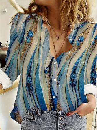 Women's Fashionable Casual Printed Long Sleeve Turn-Down Collar Loose Skin-Friendly Shirt