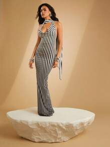SHEIN Unity Stripe Satin Cowl Neck Dress With Sash
