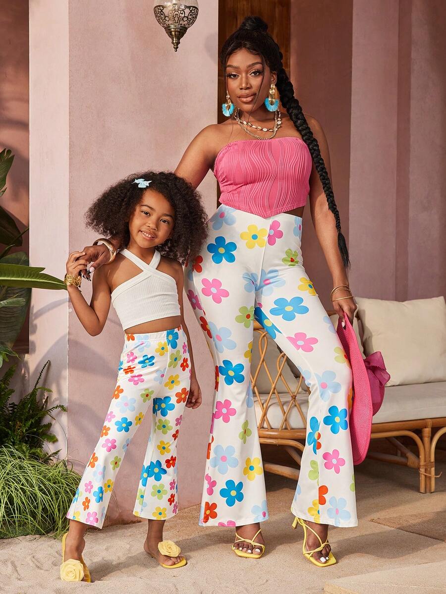 SHEIN Pantalones acampanados con estampado de flores para niña joven - Multicolor - Ver 1