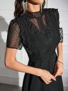 Modelyn Contrast Lace Ruffle Trim Mock Neck Dress - Black - View 2