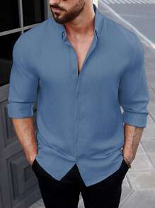 Manfinity Homme Men Solid Button Up Short Sleeve Shirt - Blue - View 6