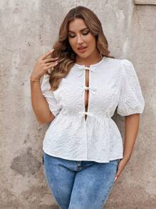 Flirla 大尺碼純色圓領打結短袖襯衫，夏季款 - 白色 - 查看 3