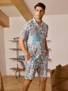 Men Patchwork Print Top & Shorts PJ Set / Pajama Set